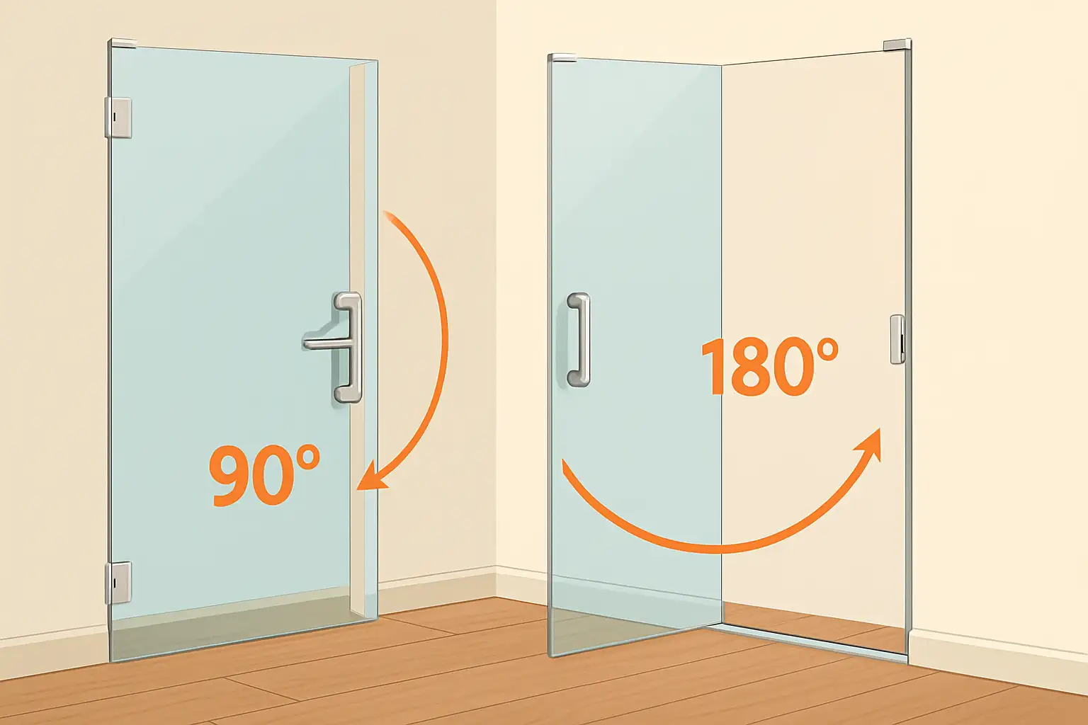 Uși din sticlă: 90° sau 180°? Cum alegi pentru spațiu și siguranță