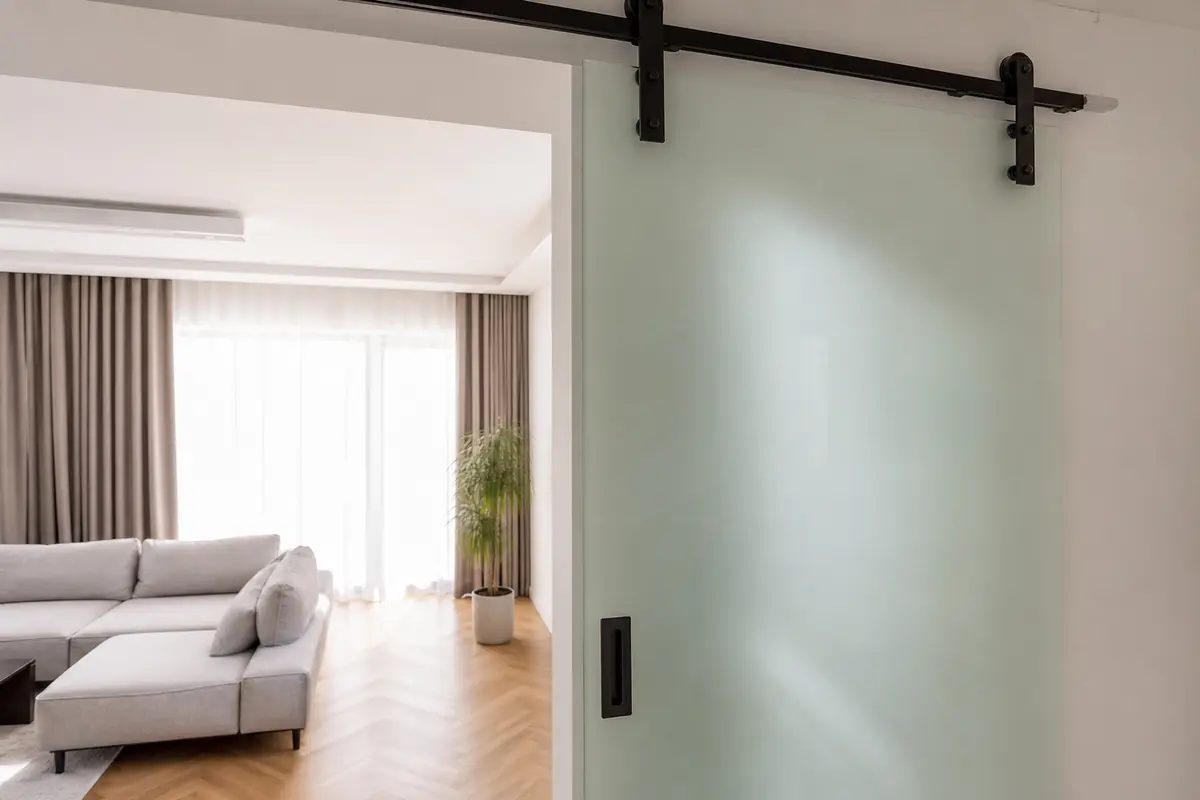 Ușă glisantă din sticlă sablată la comandă, montată pe sistem aplicat negru, într-un living modern