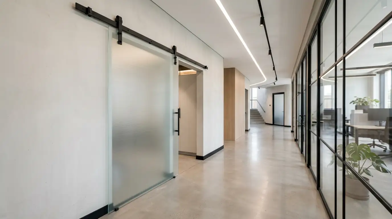 Ușă glisantă din sticlă în amenajare interioară modernă